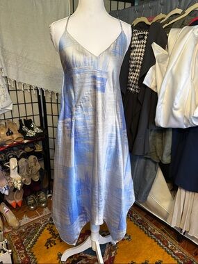 H by Halston Silver and Blue Satin Midi Slip Dress